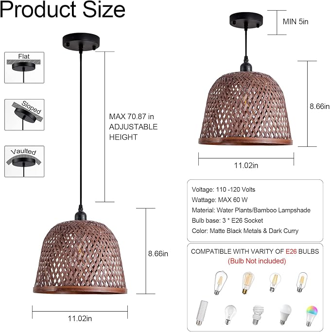 3-Pack Bamboo Pendant Light,Mini Brown Rattan Chandelier | Boho Curry Bamboo Rattan Pendant Lights,Hand Woven Rattan Chandelier for Kitchen Island Dining Bedroom Living Room