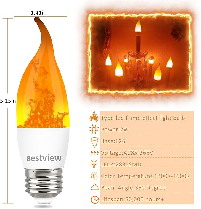 Bestview LED Flame Effect Light Bulbs,3 Modes Smart E26 Chandelier Base Flickering Candle Fire Light Bulb for Halloween, Christmas, Party, Porch, Indoor&Outdoor Home Decoration (2 Pack)
