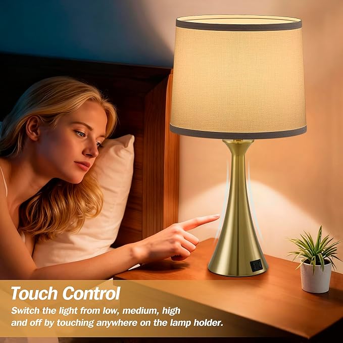 Touch Lamp for Living Room Bedroom, 21" Table Lamps Set of 2 with USB C+A Ports and White Lamp Shades, 3 Way Dimmable Gold Touch Bedside Lamps for Nightstand, 2 LED Bulbs Included
