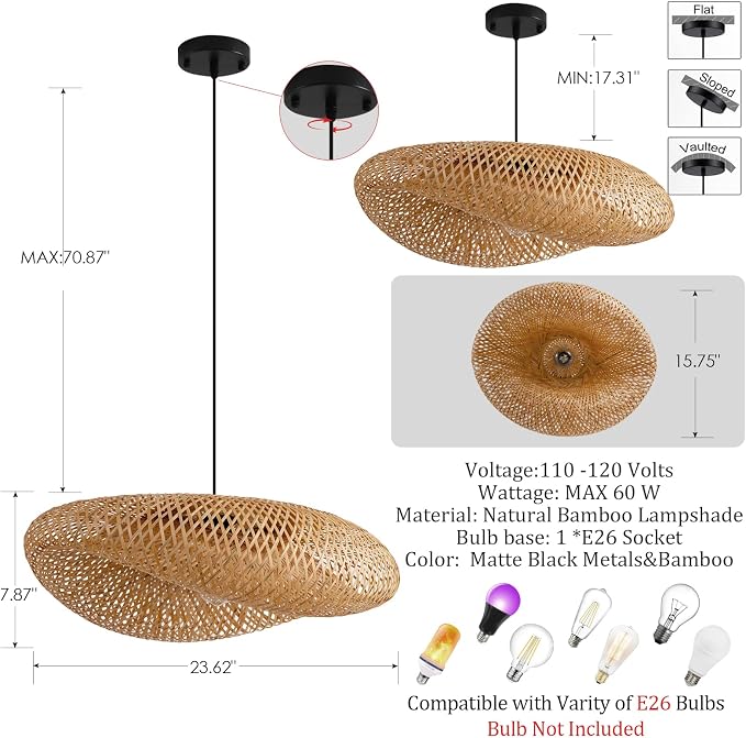 23.6" Bamboo Pendant Light,Rattan Chadelier | Hand Woven Bamboo Chandelier,23.6" Boho Wicker Hanging Light for Kitchen Island Dining Bedroom Living Room Restaurant