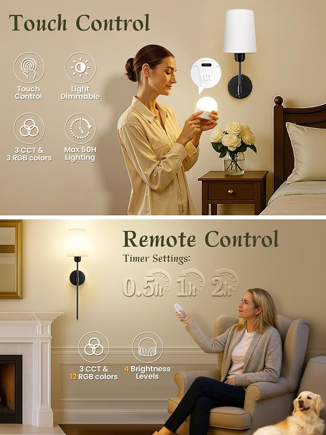 Battery Operated Wall Sconces Set of 2, Black, Dimmable & 15 RGB, 23 Inch | Renter Friendly, Rechargeable Magnetic Bulbs, Remote Control, LED Cordless Wall Lights for Living Room, Bedroom, Hallway