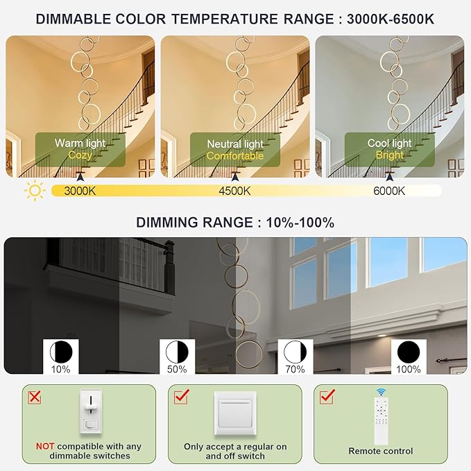 High Ceiling Chandelier 10 Ring Gold Foyer Chandeliers Entryway Long Modern LED High Ceiling Light Staircase with Remote Control for Living Dining Room (98.5in 3000K-6500K)