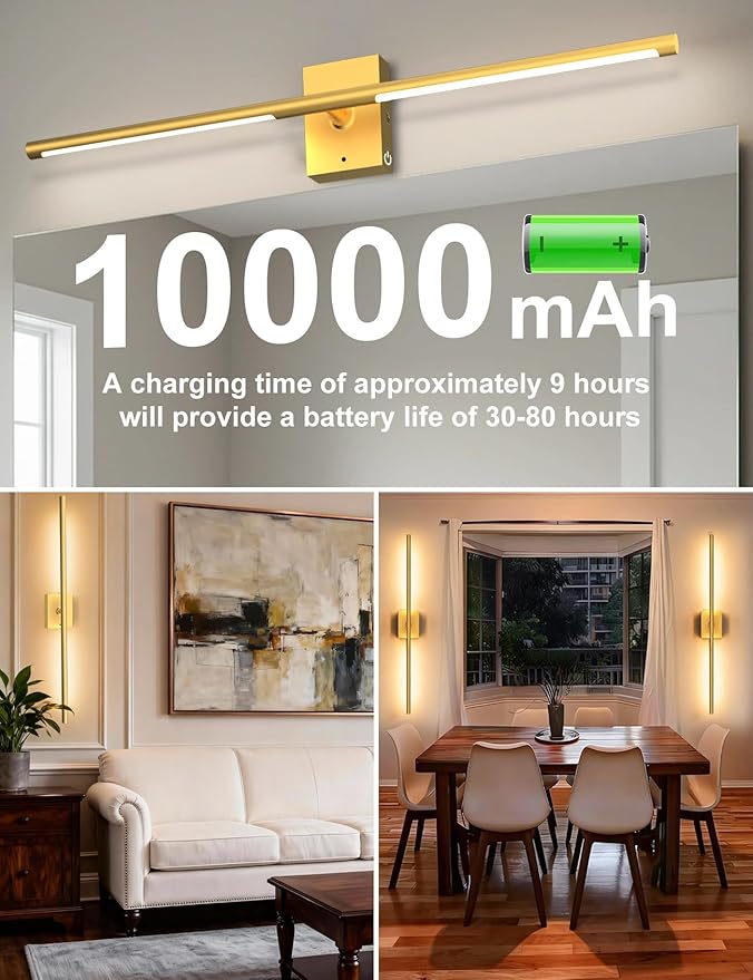 Battery Operated Wall Sconces Set of 2, Wireless Rechargeable Wall Lights | 10000mAh, Remote Control, 4CCT Dimmable, 360° Rotation, Modern Home Decor for Living Room, Bedroom, Picture Lighting, Gold
