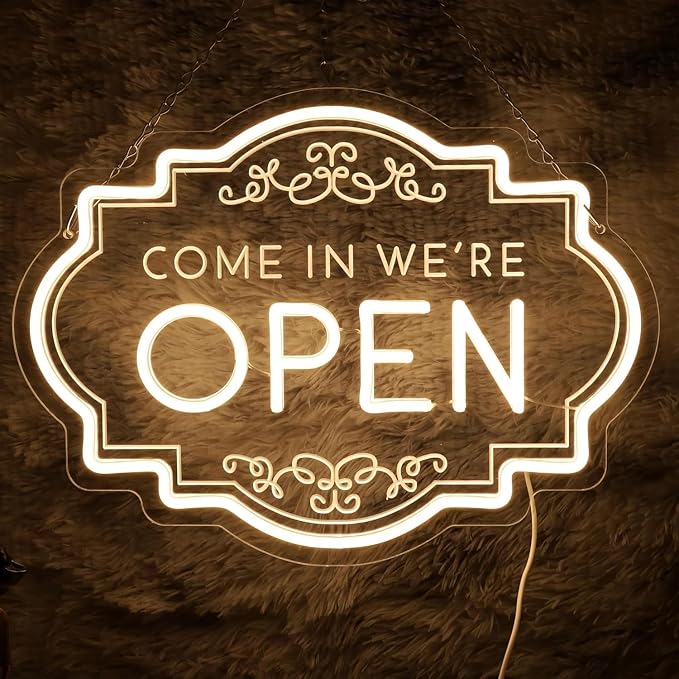 Open Neon Sign 17"x12.6", USB Powered LED Light for Store Decor | Come in we're Open Welcome Light for Restaurants, Cafes, Shops, Bars and Home Decor