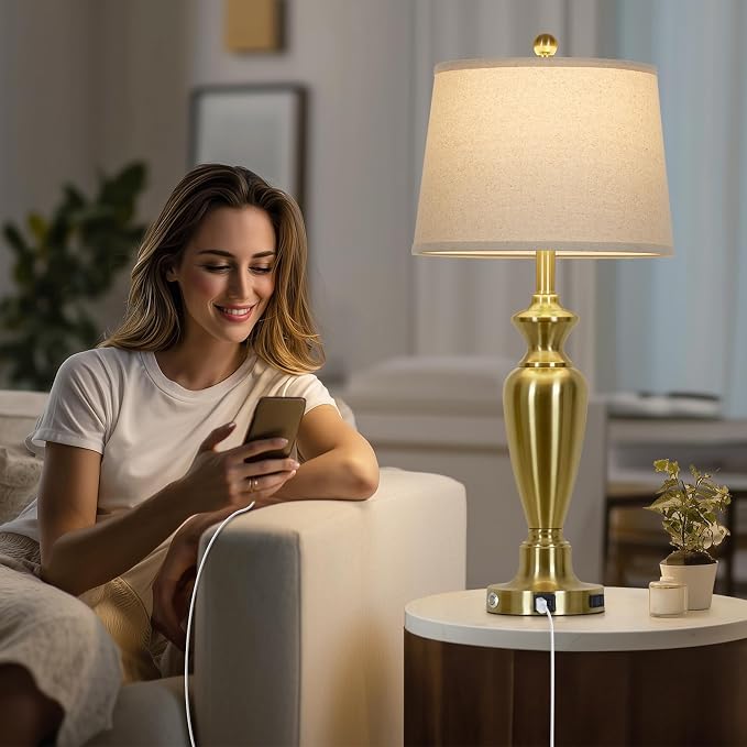 Cinyirong 30" Tall Gold Table Lamp for Living Room, 3-Way Dimmable Touch Control Bedside Lamp for Bedroom Nightstand with USB A+C Ports & AC Outlet (1 Pack)