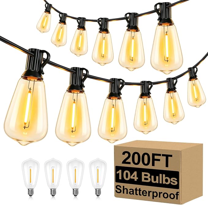 200FT Outdoor String Lights 104 Bulbs, 2200K Amber Lights | 4 Spare ST38 Edison Bulbs Dimmable, Connectable Plug-in LED Patio Lights for Outsiede, Cafe, Wedding, Christmas