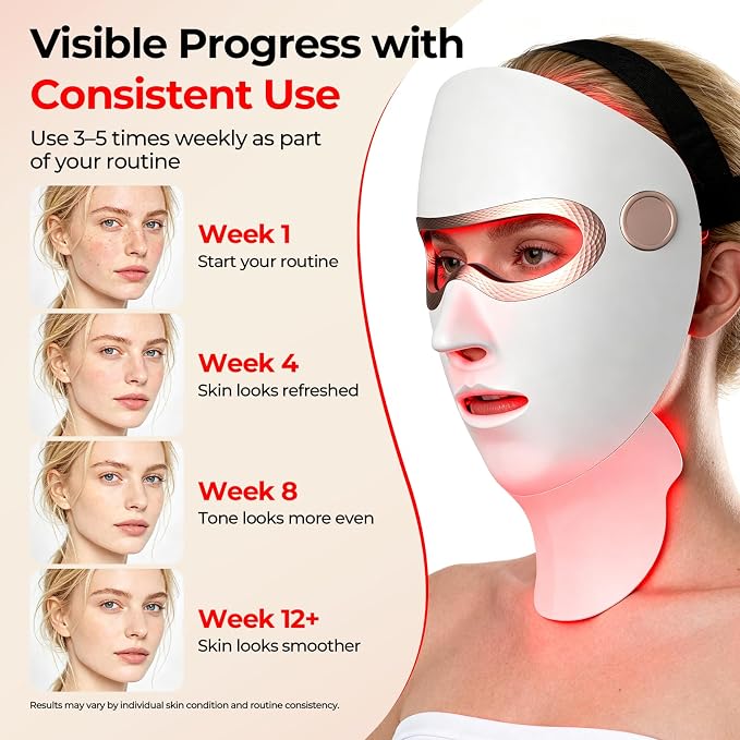 Red Light Therapy for Face and Neck, Cordless LED Face Mask | 7-Color Multi-Mode Skincare Device, Detachable Neck Panel, 3-Level Warming, Rechargeable for Home Use