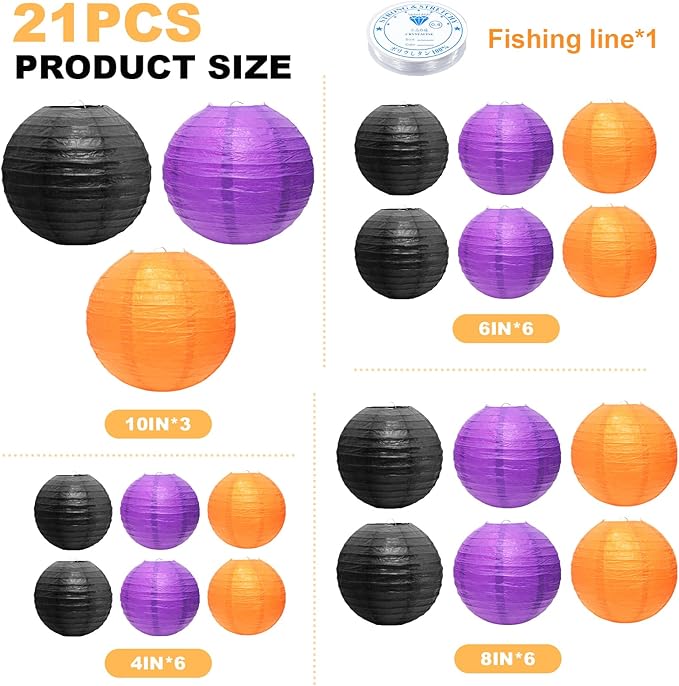 21 Pcs Paper Lanterns Party Decorations, 4/6/8/10 Inch Orange Black Purple Hanging Paper Lanterns for Halloween Decorations, Horror Party, Spooky Home Ceiling Decor Indoor Outdoor