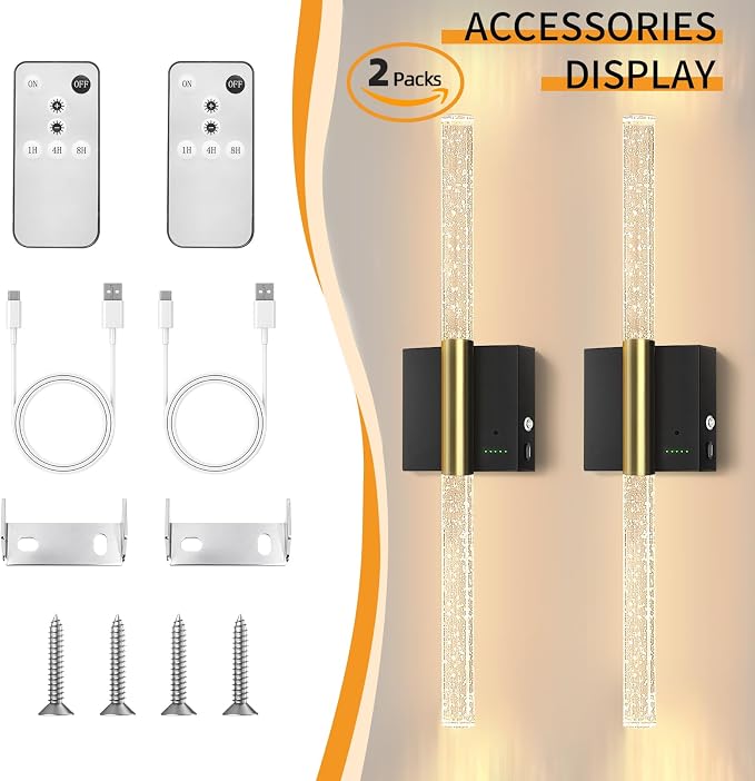 Battery Operated Sconces Set of 2, 28in Rechargeable Wireless Wall Lights | 8000mAh Dimmable Modern LED Wall Lamp Fixtures with Timer Function for Living Room Bedroom Bathroom Hallway, Black