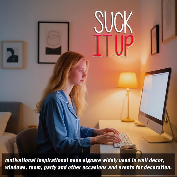Suck It Up Neon Sign Dimmable LED Funny Game Room Bar Man Cave Decor | Bold Attitude Quote Design Creates a Fun Atmosphere for Pub Garage Basement Office Bedroom Party Entertainment Spaces