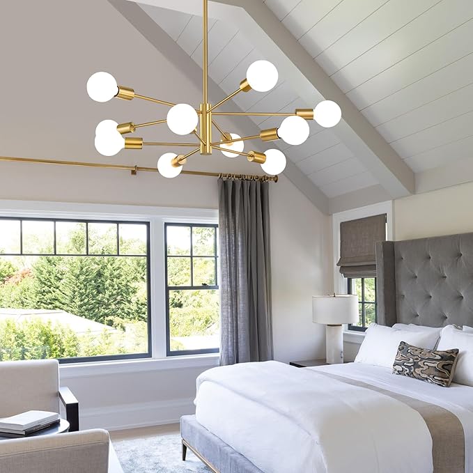 Modern Sputnik Chandeliers Light, 10-Light Gold Gold Dining Room Chandelier Over Table, Height Adjustable Industrial Semi Flush Mount Mid Century Chandelier for Kitchen Island Living Room