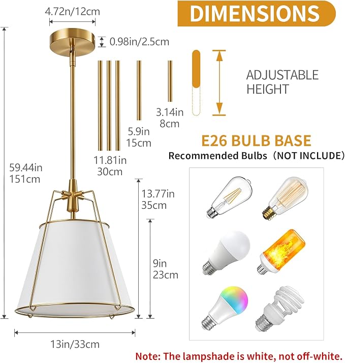 Modern Pendant Light Fixtures with 13" White Linen Fabric Shade, Adjustable Hanging Light Fixture,Drum Gold Vintage Chandelier for Kitchen Island Bedroom Dining Room Foyer Entryway