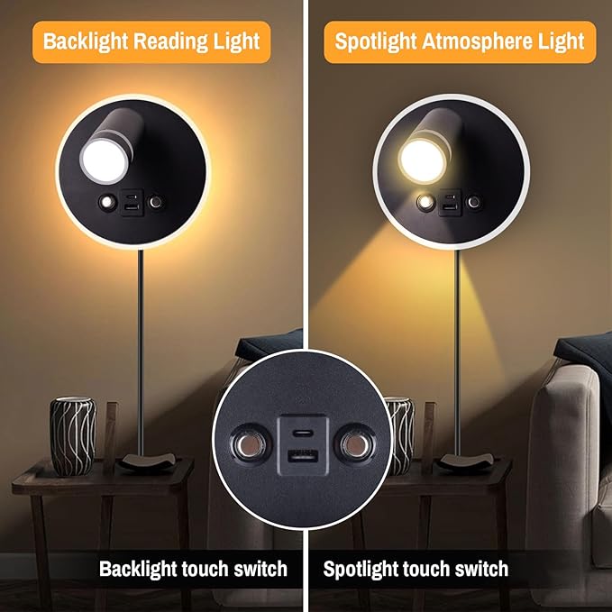 ERAY Wall Mounted Reading Light, Adjustable Wall Sconces with USB and Type-C Charging Port/Touch Control, 3000K/4000K/6000K 350° Rotatable LED Spotlight & Backlight for Bedside Bedroom -2 Pack