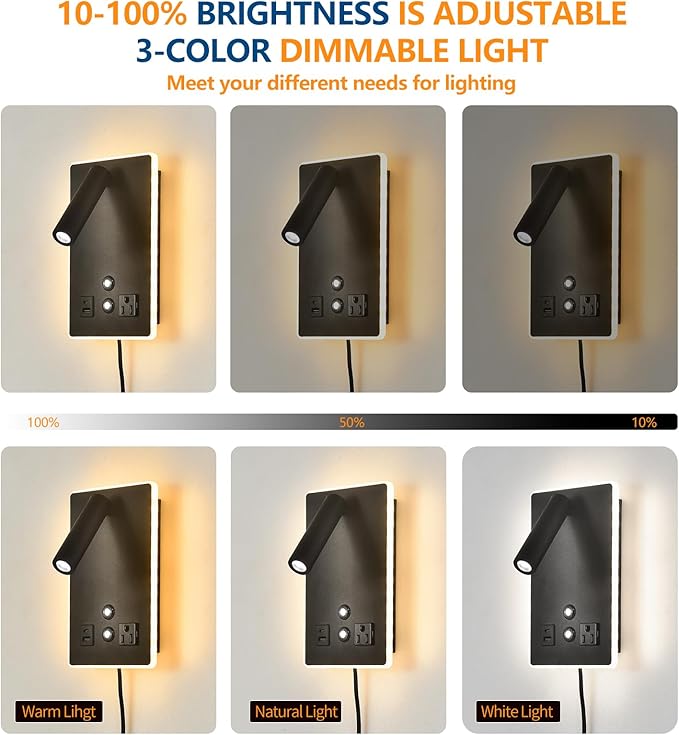 Dimmable Plug in Wall Sconce with Touch Switch,Headboard Bedside Wall Lamp,Multifunction Wall Light with USB C+A Ports,Adjustable Wall Mounted Reading Light,3 Color Temperature(Black)