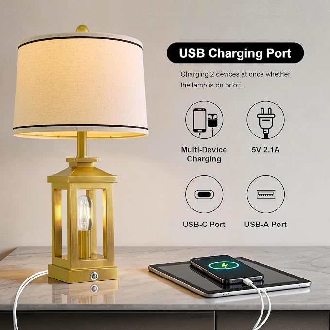 24" Table Lamps for Living Room Bedroom Modern Gold Bedside Lamps Set of 2 Nightstand Lamps for Night Stands 3 Way Dimmable Touch Lamp with USB C+A Ports and 2 Light Sources, 4 Bulbs Includes