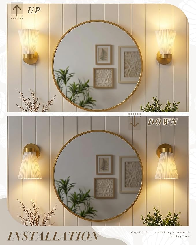 Set of 2 Wall Sconces, HWH Gold Bathroom Light Fixtures with Milk White Striped Fabric Shade, Up and Down Vanity Lights Fixture, Brushed Gold Finish, 5HZG97B-2PK BG-FB