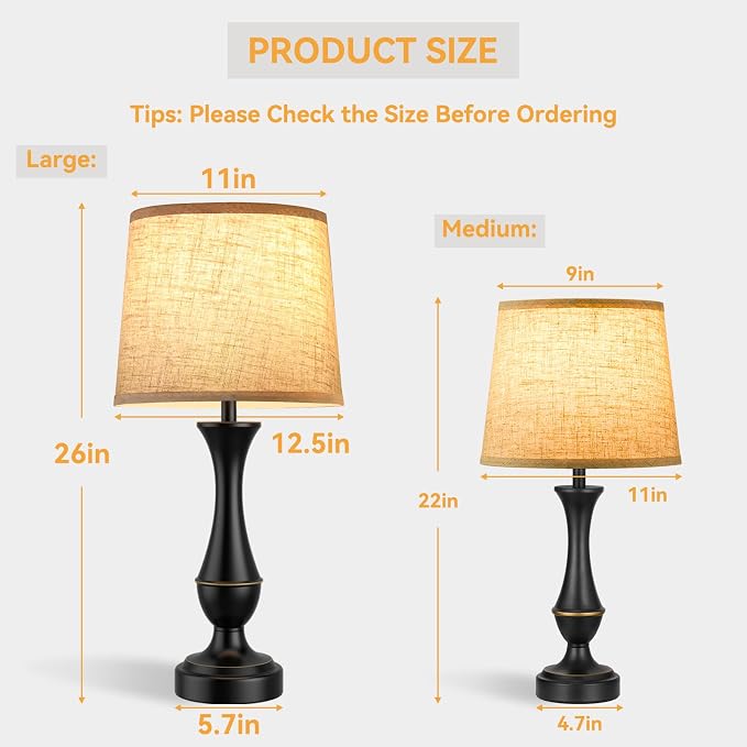 Touch Lamps for Nightstand, 3 Way Dimmable Lamps for Bedroom with USB C+A | Touch Control, USB C+A Charging Ports, Table Lamps for Living Room, Night Stands, Bedside, Bedroom, Bulb Included, Black