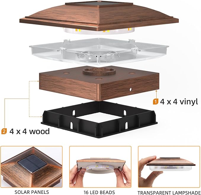 APONUO Solar Post Cap Lights - 8 Pack Outdoor Waterproof for 4x4, 5x5, 6x6 Posts, 2 Modes Warm/Cool Light, Solar Powered Fence/Deck/Patio Decor, Brushed Copper