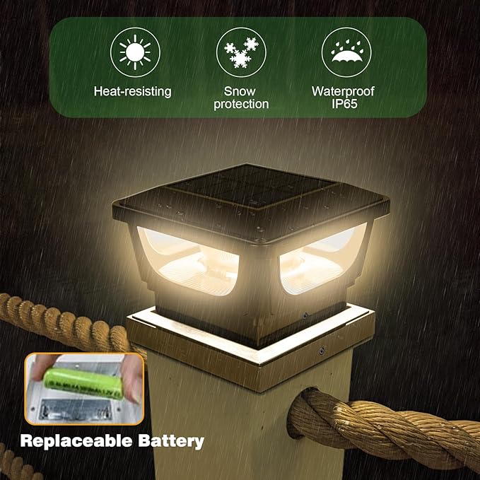 Sumaote Solar Post Cap Lights, 120 Lumen 3000K Warm White LED for 3x3 Metal/Vinyl & 4x4 Wood Posts, IP65 Waterproof Outdoor Garden Fence Deck Lighting, Dusk-to-Dawn Auto On/Off (2 Pack)