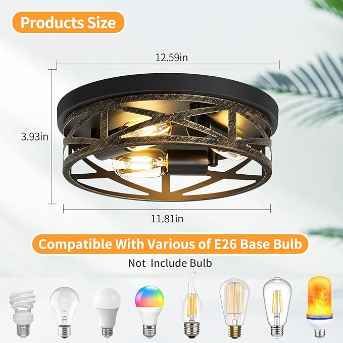 ZHU YAN 2 Pack Flush Mount Ceiling Light,3-Light Vintage Farmhouse Ceiling Light,Kitchen Lighting Fixtures,Light Fixtures Ceiling Mount for Hallway,Entryway,Bedroom,E26 Base