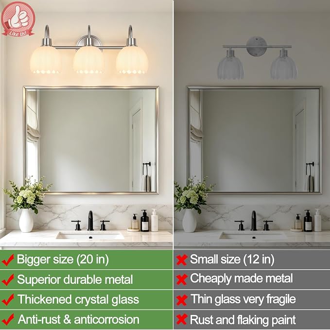 Bathroom Light Fixtures, 3-Light Brushed Nickel Bathroom Vanity Light Over Mirror with White Tulip Glass Shades, Vanity Light Fixture for Bedroom, Living Room & Hallway (Bulbs Not Included)