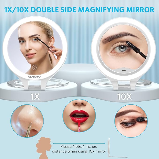 WEILY Magnifying Makeup Mirror 10X/1X, Travel Mirror with Light | Double Sided Rechargeable Mirror with 3 Color Lights for Makeup, Tweezing, Blackhead and Come Done Removal (White)