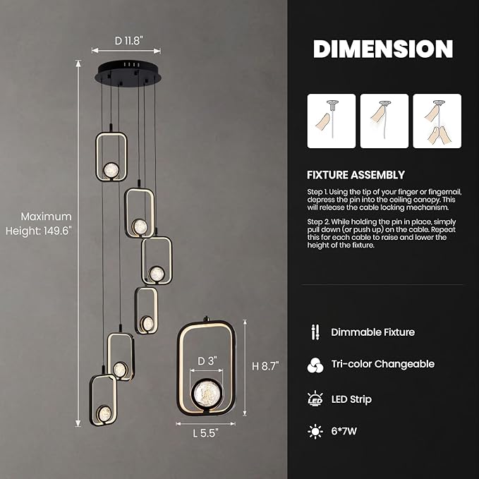 6Lights Modern LED Crystal Chandelier 6 Lights Black High Ceiling Chandelier for Staircase Large Adjustable Length Light Fixture for Foyer Entryway Living Room