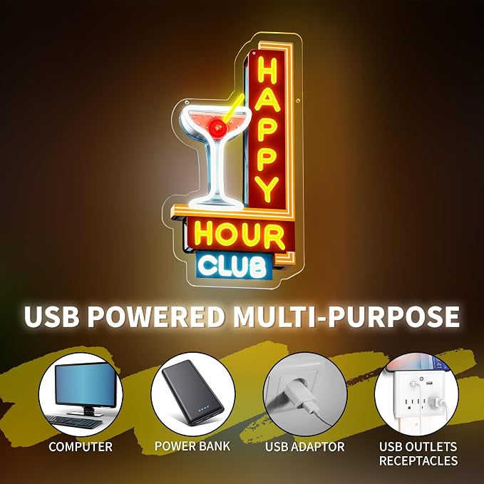 Happy Hour Neon Signs Dimmable Retro Led Happy Hour Club Neon Light for Bar Club Pub Party USB Powered Neon Light Sign Man Cave Gifts(Yellow)