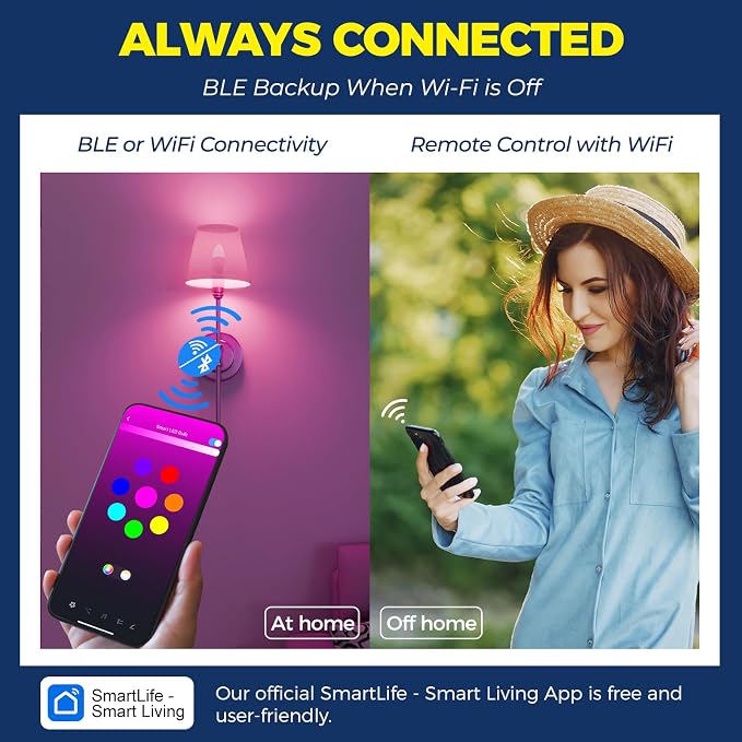 E12 Smart Light Bulbs 60W Equiv., Work with Alexa/Google Home/SmartLife, 500LM 6W RGBCW Candle Candelabra LED Bulbs, No Hub Required, 2.4G WiFi & BLE Chandelier Bulb, ETL Listed, 6PCS | No Hub Required, 500LM 6W RGBCW Candle Chandelier Smart bulb Work ...