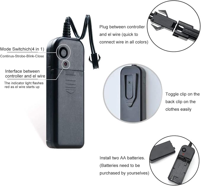 MaxLax EL Wire White 5-Pack, 9ft/2.75m Neon Light Wire with Noise Reduction and Battery Pack…