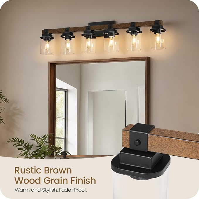 6-Light Bathroom Light Fixtures, Farmhouse Vanity Lights for Bathroom with Glass Square Shade, Rustic Vanity Lights, Sconce Wall Light, E26 Base (Bulbs Not Included), ETL Listed FS12BD05