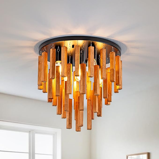 16.6" Farmhouse Ceiling Light, 5-Light Wood Chandelier, Rustic Light Fixture with Wood and Black Metal Finish, Farmhouse Semi Flush Chandelier for Bedroom, Hallway, Entryway, Kitchen