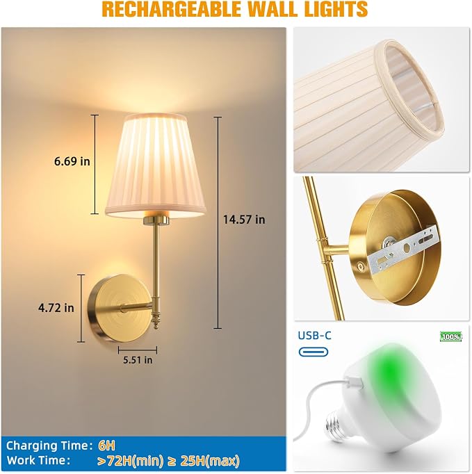 14.5 inch Battery Operated Wall Sconce Set of 2,Beige Gold Rechargeable Wall Lights with 10400mAh Dimmable Bulbs and Remote,10 Colors Wireless Wall Lamps for Bedroom Living Room