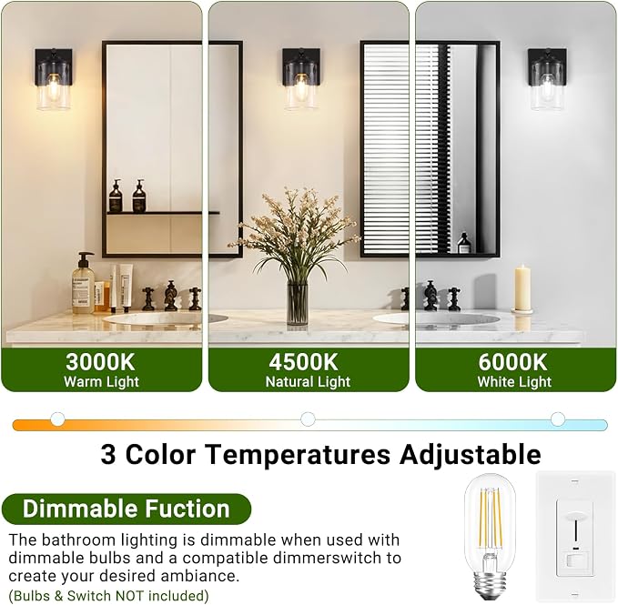Wall Sconces Set of Two, Modern Bathroom Sconces with Clear Glass Shade, Matte Black Vanity Lights for Bathroom, Farmhouse Wall Light Fixtures for Mirror, Bedroom, Living Room