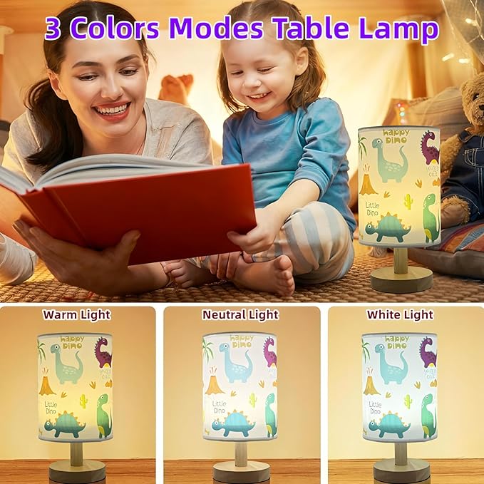Dinosaur Kids Table Lamp for Bedroom Kids Bedside Lamp 3 Colors Dimmable Nightstand Night Light with Cartoon Flaxen Fabric Shade Desk Reading Lamp for Girls Boys Room Nursery Decor,Dino Gifts for Boys