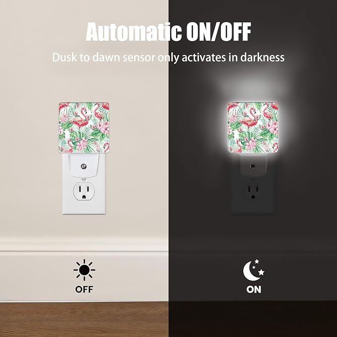 Tropical Floral Flamingo Dusk to Dawn Night Light, Auto Sensor Lamp Home Indoor Stairway Kitchen Corridor, Night Lights Plug into Wall Decor, Boys Girls Women Men Room Gifts