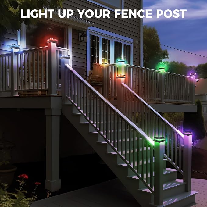 8 Packs 4x4 Solar Post Cap Lights RGB Color Changing | Post Top Light Solar Fit 4x4/3.5×3.5 Wood & Vinyl Posts, Waterproof Caps Lighting for Outside Fence Deck Porch Yard Mailbox