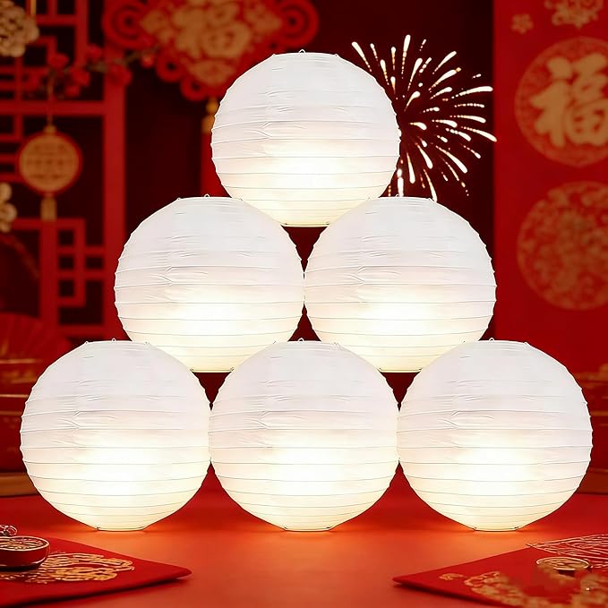 6PCS White Paper Lanterns 12Inch Round with Led Light New Year's Eve Wedding Anniversary Valentines Lantern Decorative Hanging Lanterns Lamp for Birthday,Christmas Graduation Party Indoor and Outdoor