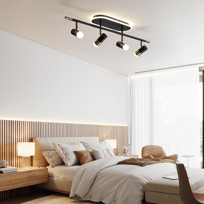 Jaycomey 4-Light LED Track Lighting Fixture with Remote Control, 41W Dimmable Ceiling Light Spotlights, Adjustable 3000K-6500K Modern Dining Room Ceiling Light for Kitchen Bedroom (Black &Gold)