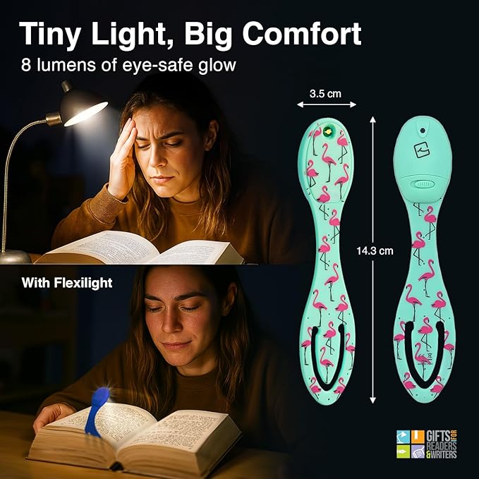 Gifts for Readers & Writers Book Light, Clip On Reading Light for Bed, 2in1 Flexilight & Bookmark, Small & Lightweight with a Soft Glow, 2 Batteries Included, Flamingo