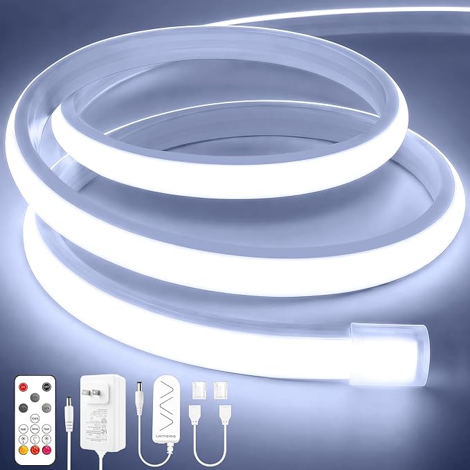 Lamomo COB LED Strip Lights 32.8Ft, White Dimmable Self-Adhesive Led Rope Light with Remote, Flexible Cuttable Waterproof 6000K Silicone Neon Tape Light for Bedroom, Indoor, Cabinet, 10mm Width