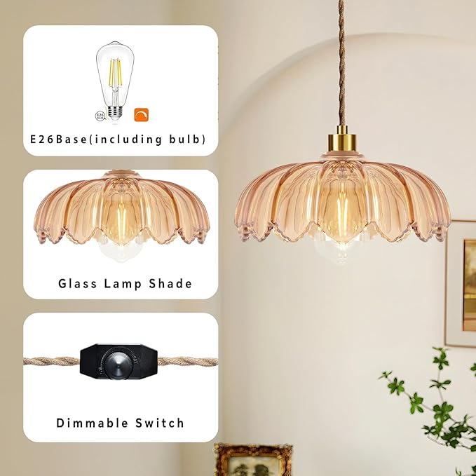 Plug in Pendant Light Hanging Lights with in Cord Mid Century Modern Gold Hanging Lamp Flower Glass Amber Vintage Dimmable Chandelier Ceiling Fixture for Living Room,Kitchen,Boho