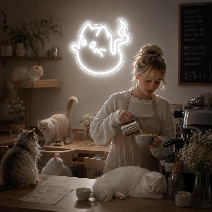 Cat Ghost Neon Sign Led Sign Neon Signs for Wall Decor Neon Lights | Cat Ghost Led Light Up Sign, White Room Decor, Boys Girls Gift, Party, Halloween Wall Decor, 5V USB Powered