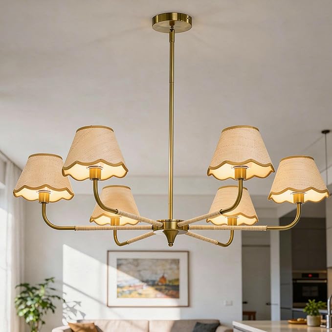 39" Boho Rattan Chandelier, 6-Light Rattan Pendant Light, Handwoven Natural Rattan, Rustic Industrial Adjustable Rattan Fixture for Dining Room, Kitchen Island & Living Room, E12 Socket