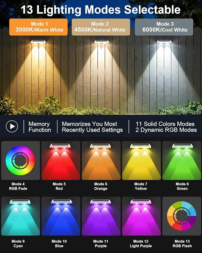 16 Pack Solar Fence Lights, Fence Lights Solar Powered with Ultra-Bright Lens Warm White + RGB 13 Color Mode IP65 Waterproo for Backyard/Step/Patio/Deck/Stair/Railings-White