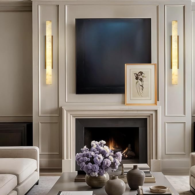Brass Alabaster Wall Sconces, Spanish Natural Marble Wall Sconce, 36" Long Stone Wall Sconce Dimmable, Gold Alabaster Sconces Wall Lighting Indoor, Marble Wall Light for Bathroom, Living Room, 1PC
