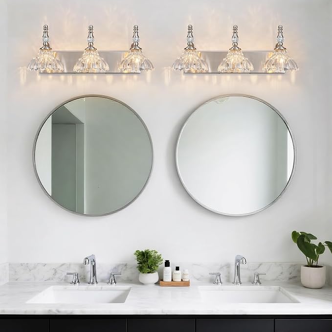 Vintage Bathroom Vanity Light, 3-Light Brushed Nickel Vanity Lighting Fixture with Flower Glass Shade, Bathroom Lighting Fixtures Over Mirror