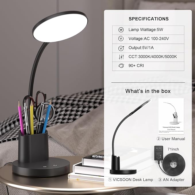 LED Desk Lamp for College Dorm with Pen Phone Holder, Black | 3 Color Modes Dimmable Desk Light, College Dorm Essentials, 360° Adjustable Arm, Eye-caring Bedside Reading Lamp, 800 Lumen