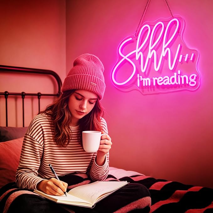 Shhh I'm Reading Neon Sign for Wall Decor, Dimmable Reading LED Light, USB Powered Neon Sign for Classroom Library Study room, Gifts for Students Friends