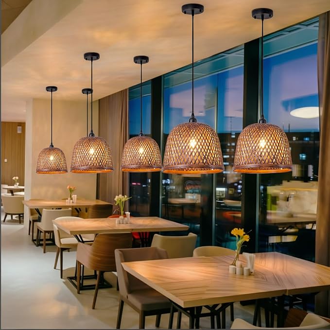 3-Pack Bamboo Pendant Light,Mini Brown Rattan Chandelier | Boho Curry Bamboo Rattan Pendant Lights,Hand Woven Rattan Chandelier for Kitchen Island Dining Bedroom Living Room